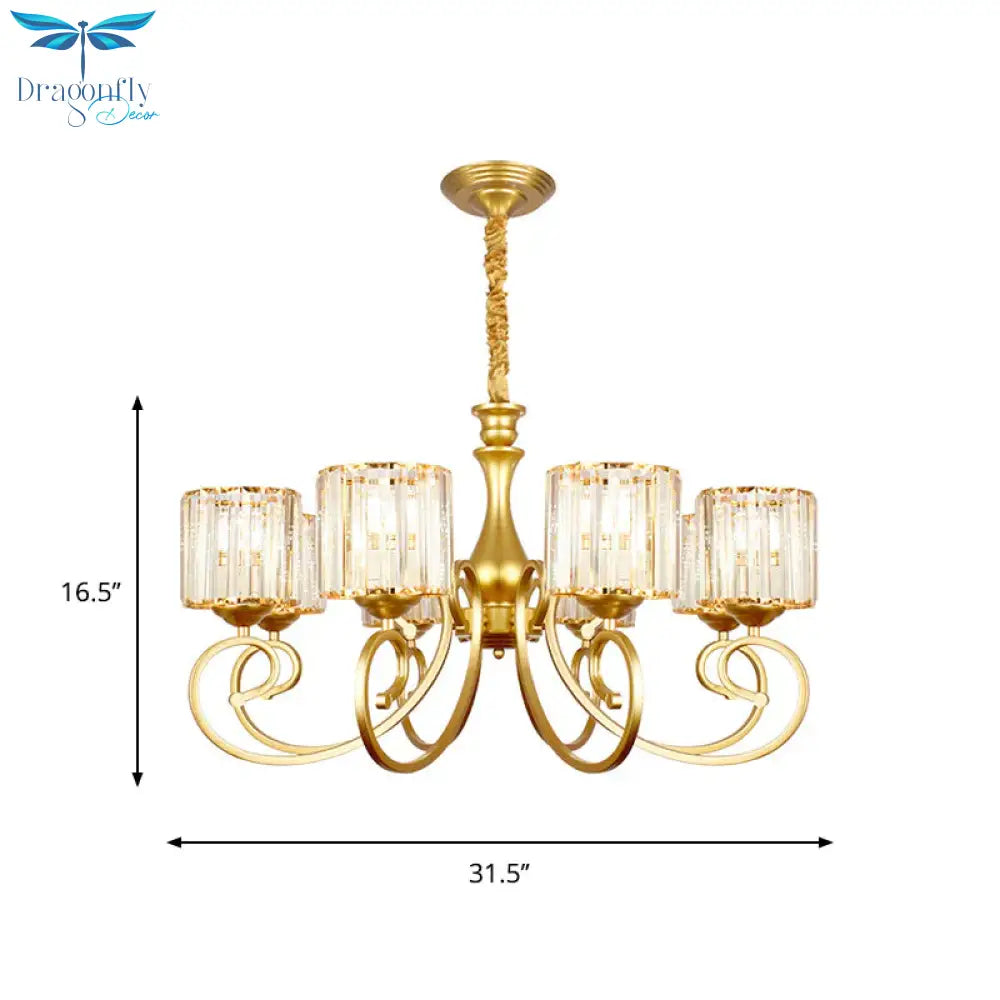 Vintage Cylindrical Chandelier Lighting 8 - Head Clear Crystal Block Suspension Light In Gold