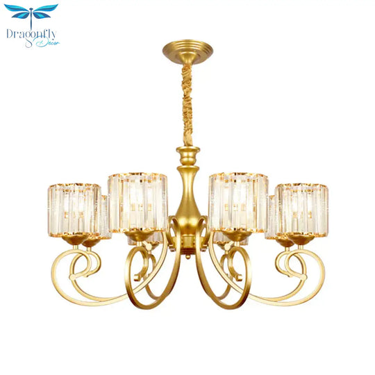 Vintage Cylindrical Chandelier Lighting 8 - Head Clear Crystal Block Suspension Light In Gold