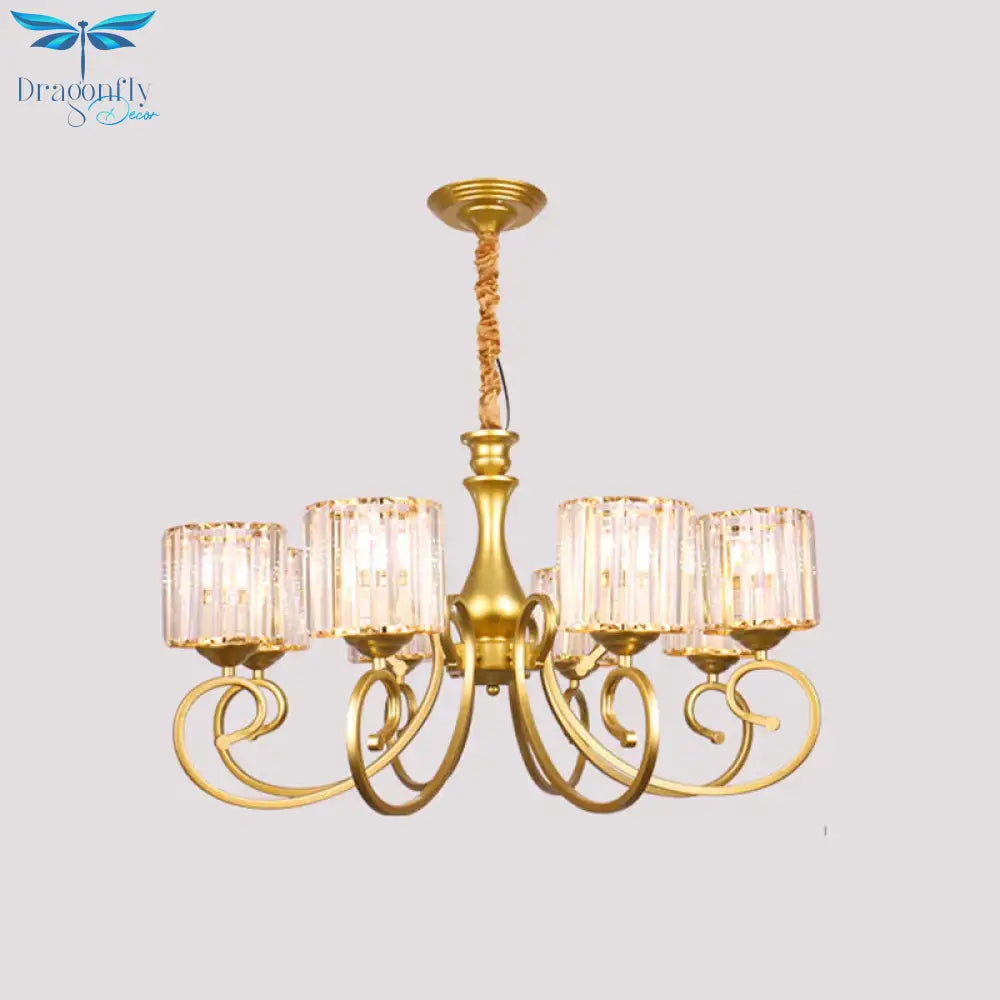 Vintage Cylindrical Chandelier Lighting 8 - Head Clear Crystal Block Suspension Light In Gold