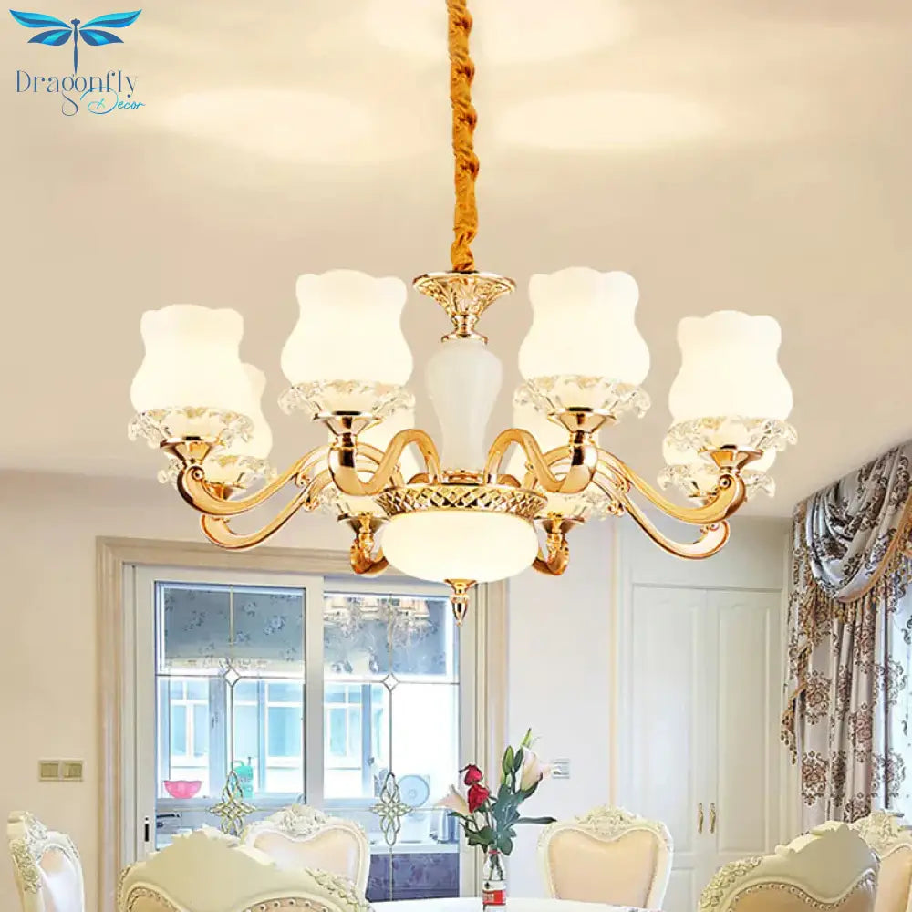Vintage Flower Suspension Lamp 6/8 Lights Milky Glass Chandelier Lighting With Swooping Arm In Gold