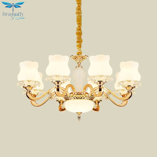 Vintage Flower Suspension Lamp 6/8 Lights Milky Glass Chandelier Lighting With Swooping Arm In Gold