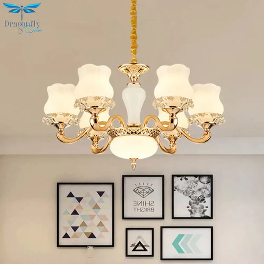 Vintage Flower Suspension Lamp 6/8 Lights Milky Glass Chandelier Lighting With Swooping Arm In Gold
