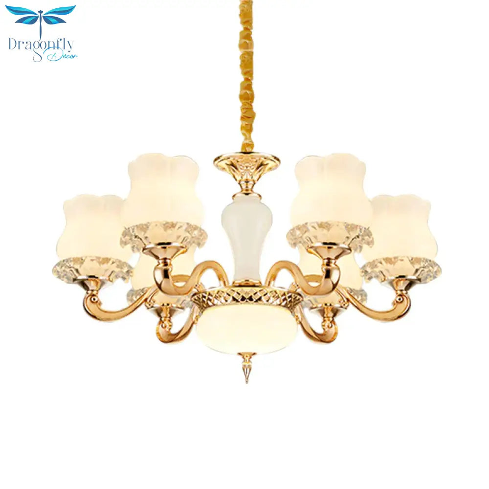 Vintage Flower Suspension Lamp 6/8 Lights Milky Glass Chandelier Lighting With Swooping Arm In Gold
