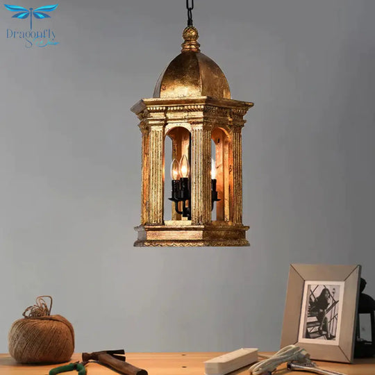 Vintage Gold Lantern 3 Lights Bar Adjustable Down Lighting Pendant