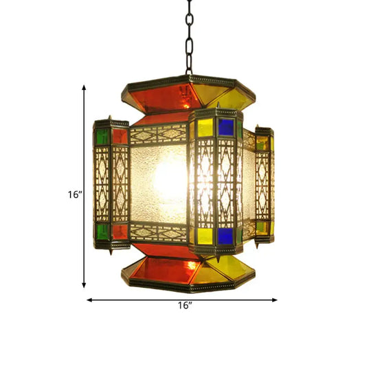 Vintage Lantern Chandelier Lighting 3 Lights Textured Glass Pendant Light Fixture In Brass