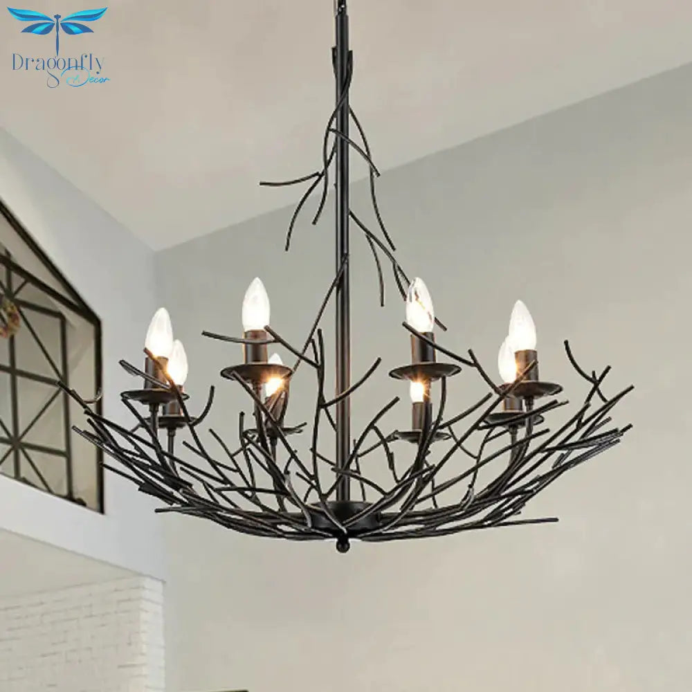 Vintage Nest Shape Chandelier Lamp 8 - Light Metallic Hanging Ceiling Pendant In Black