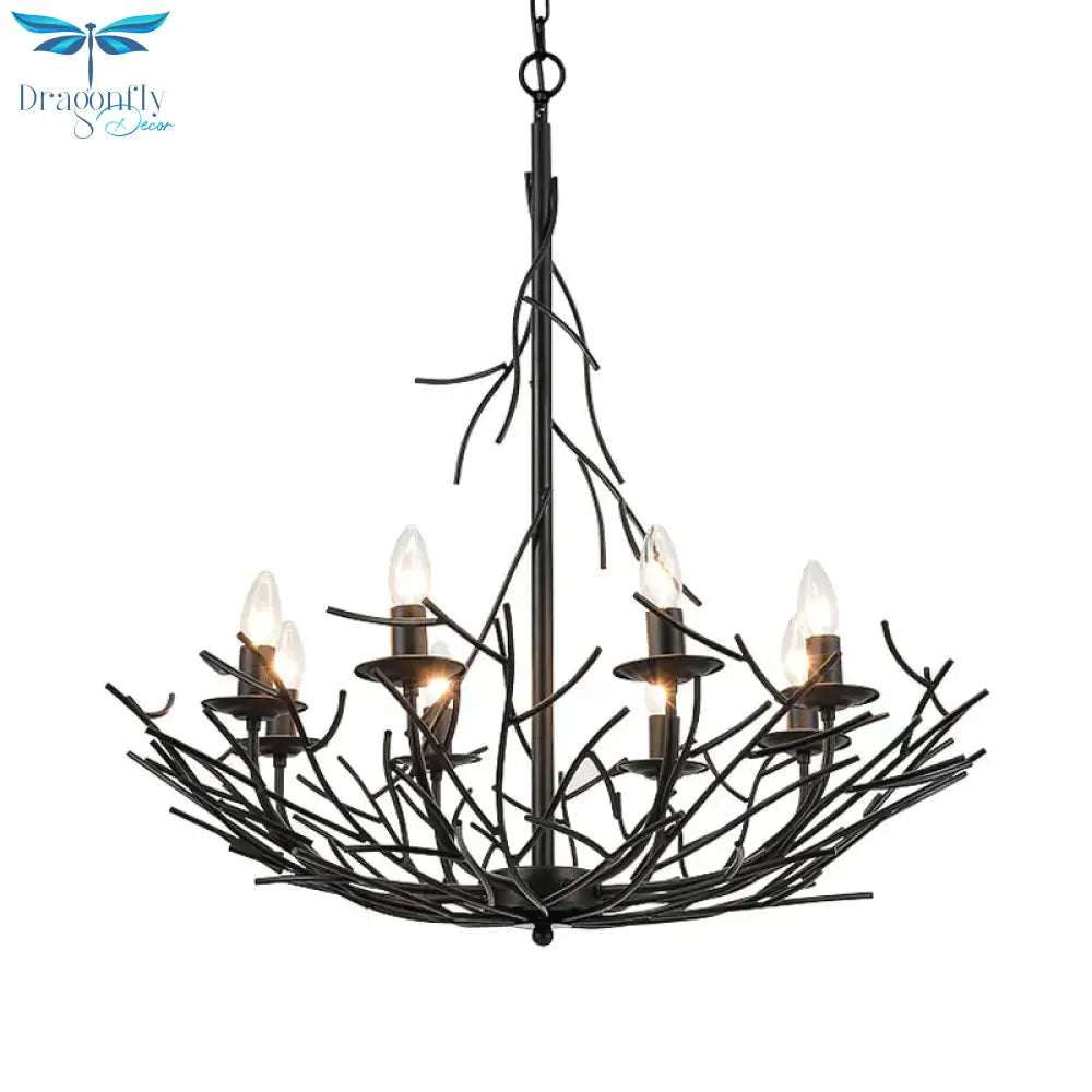 Vintage Nest Shape Chandelier Lamp 8 - Light Metallic Hanging Ceiling Pendant In Black