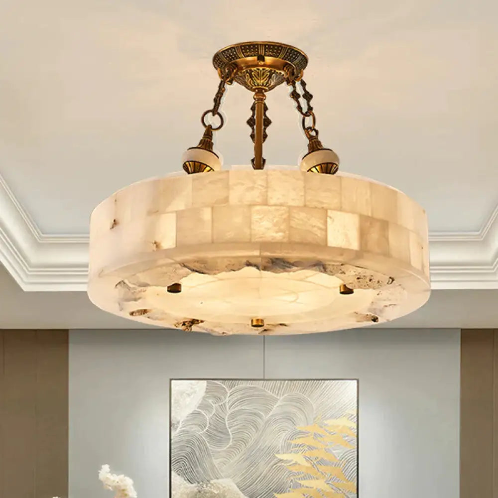 Vintage Patchwork Drum/Bowl Drop Lamp 4 - Head Opal Matte Glass Ceiling Chandelier In Brass For