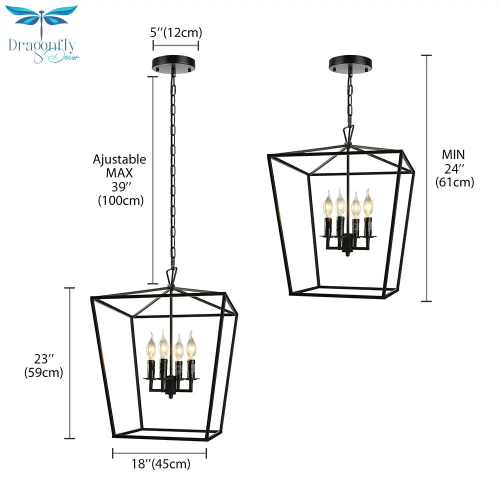 Vintage Squared Cage Chandelier Light Fixture With Candle 4 - Light Wrought Iron Medium Ceiling In