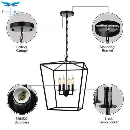 Vintage Squared Cage Chandelier Light Fixture With Candle 4 - Light Wrought Iron Medium Ceiling In