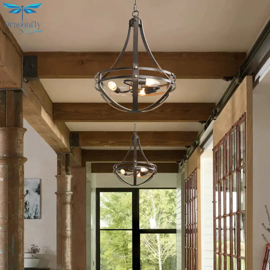 Vintage Style 3 Heads Black Pendant Lamp With Bowl Cage Metallic Shade