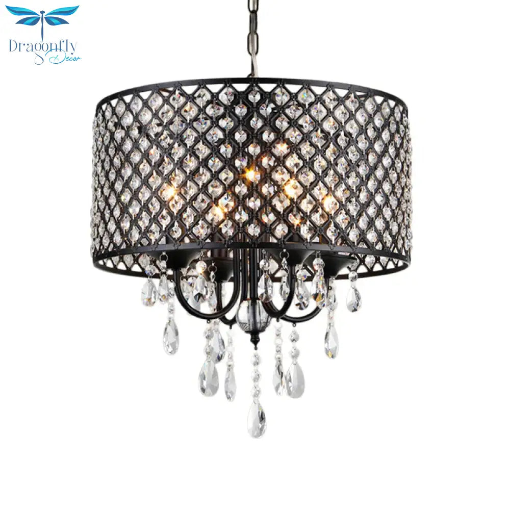 Vintage Style Black/Chrome Chandelier Lamp With Drum Shade 4 Lights Iron And Crystal Hanging Light