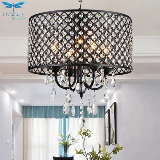 Vintage Style Black/Chrome Chandelier Lamp With Drum Shade 4 Lights Iron And Crystal Hanging Light