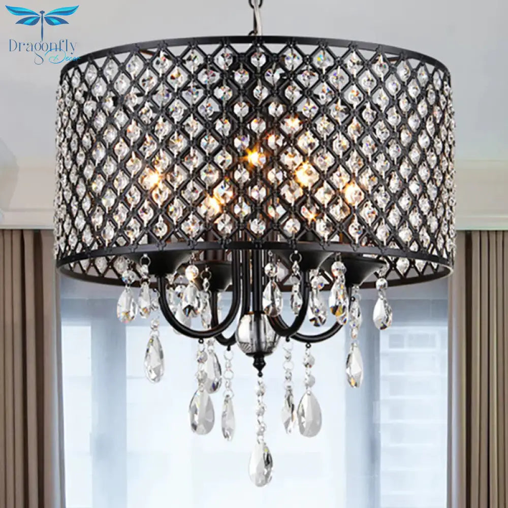 Vintage Style Black/Chrome Chandelier Lamp With Drum Shade 4 Lights Iron And Crystal Hanging Light