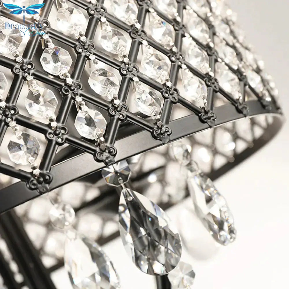 Vintage Style Black/Chrome Chandelier Lamp With Drum Shade 4 Lights Iron And Crystal Hanging Light