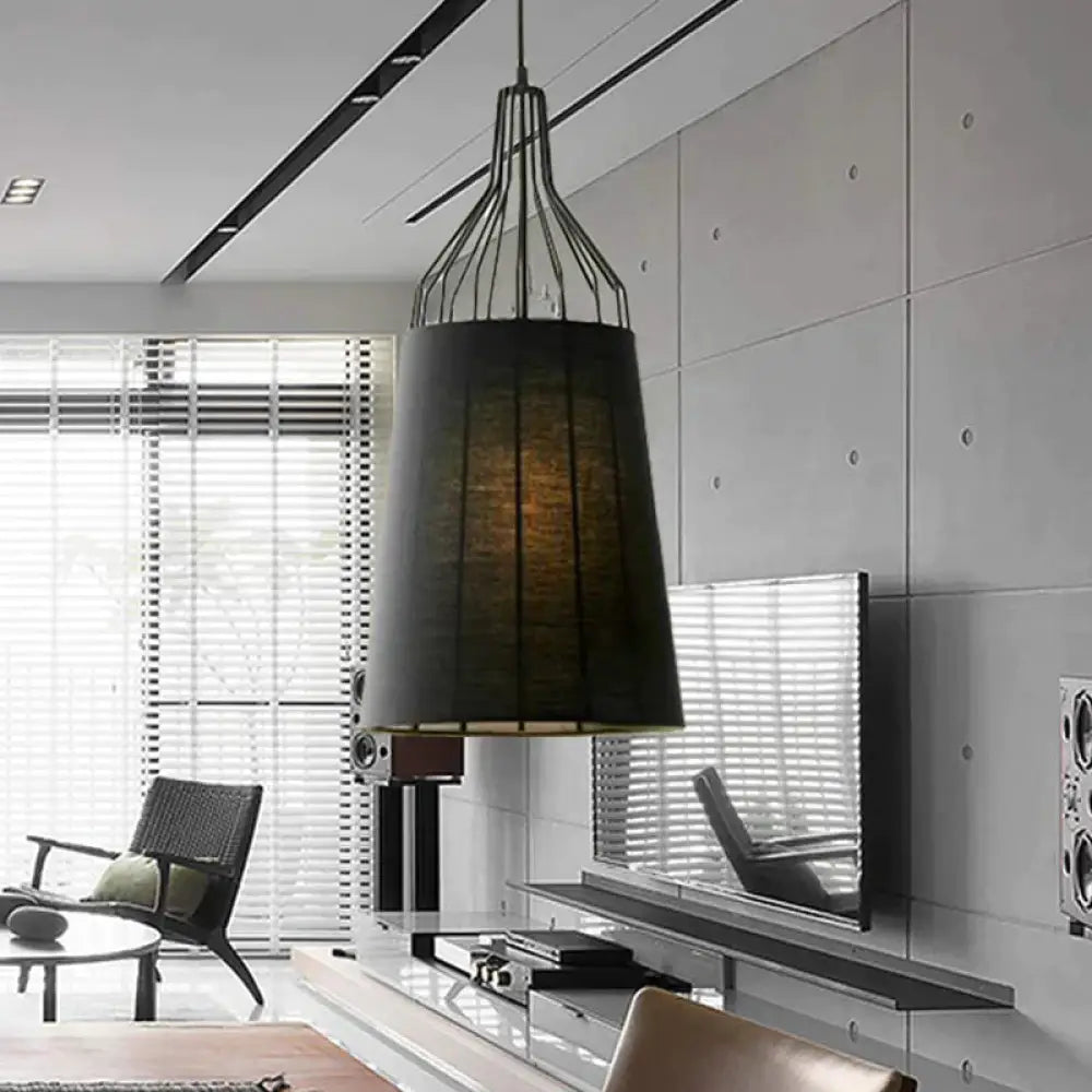Vintage Tapered Ceiling Chandelier 3 Lights Fabric Suspension Light In Black/Coffee/Beige With Iron