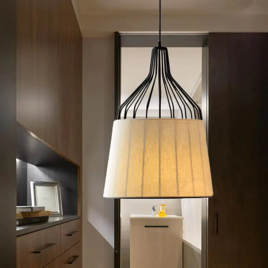 Vintage Tapered Ceiling Chandelier 3 Lights Fabric Suspension Light In Black/Coffee/Beige With Iron