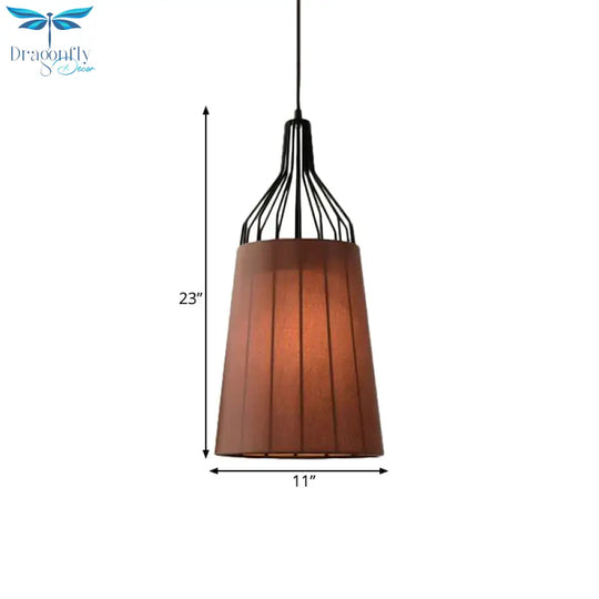 Vintage Tapered Ceiling Chandelier 3 Lights Fabric Suspension Light In Black/Coffee/Beige With Iron