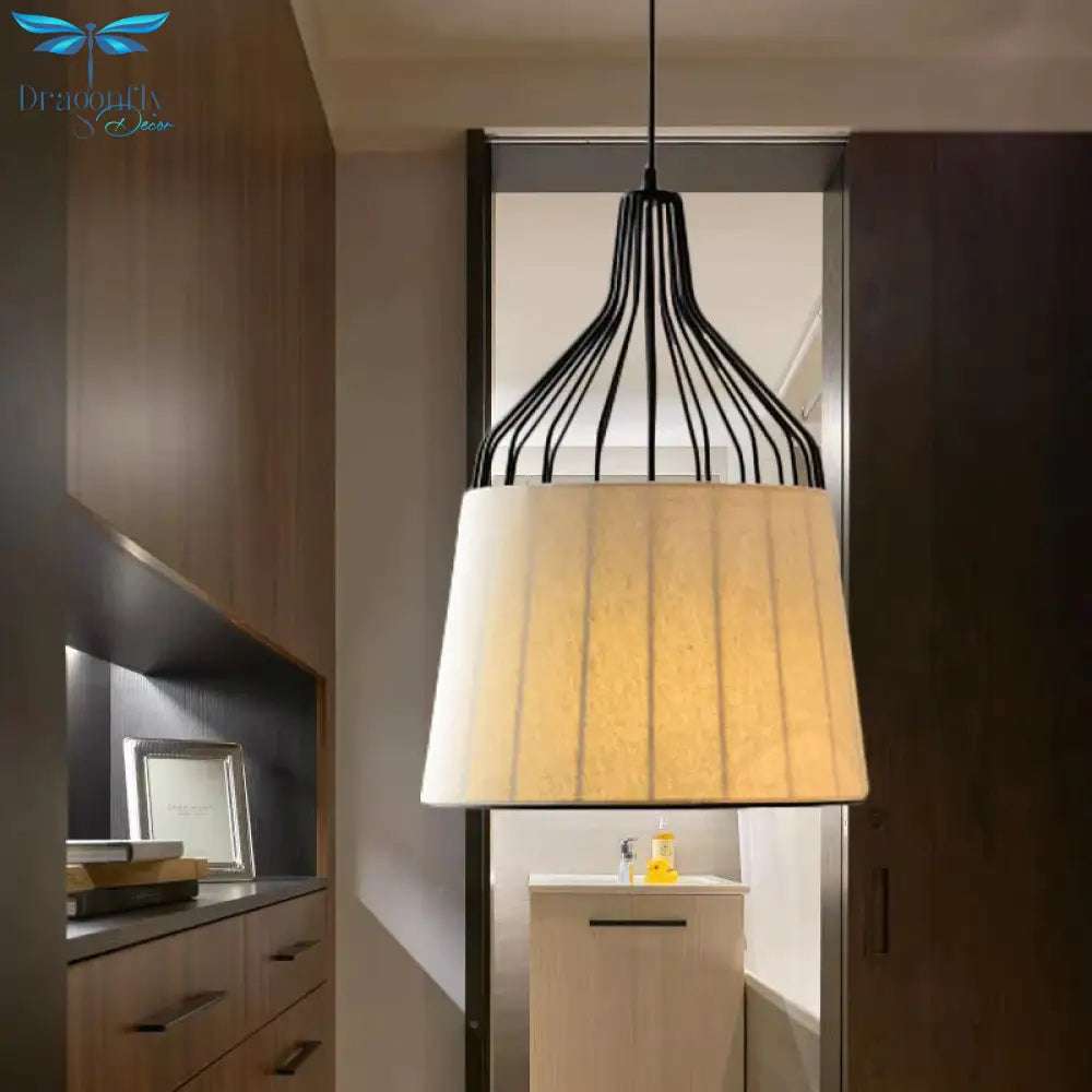 Vintage Tapered Ceiling Chandelier 3 Lights Fabric Suspension Light In Black/Coffee/Beige With Iron
