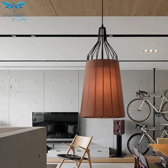 Vintage Tapered Ceiling Chandelier 3 Lights Fabric Suspension Light In Black/Coffee/Beige With Iron