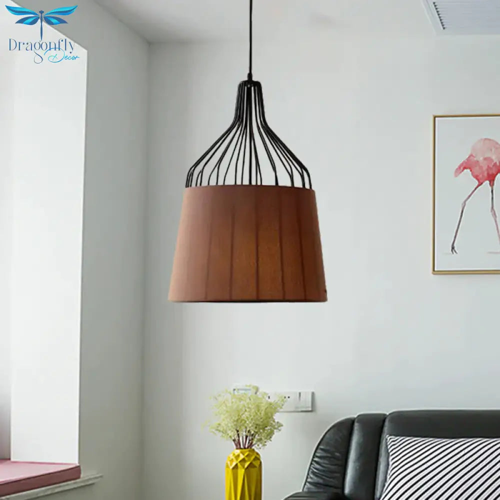 Vintage Tapered Ceiling Chandelier 3 Lights Fabric Suspension Light In Black/Coffee/Beige With Iron