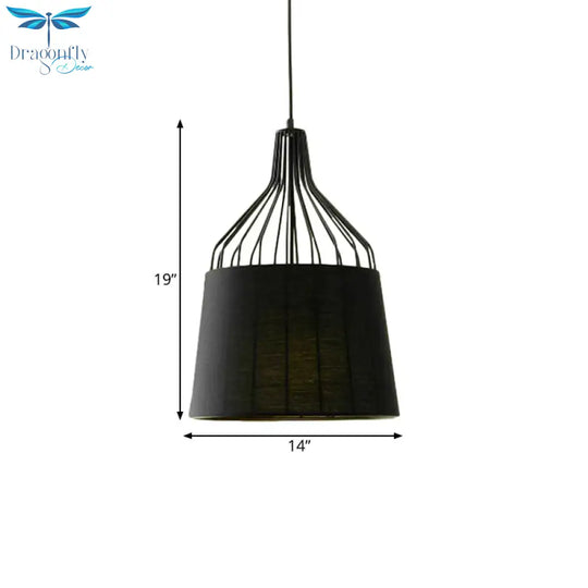 Vintage Tapered Ceiling Chandelier 3 Lights Fabric Suspension Light In Black/Coffee/Beige With Iron