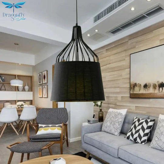 Vintage Tapered Ceiling Chandelier 3 Lights Fabric Suspension Light In Black/Coffee/Beige With Iron