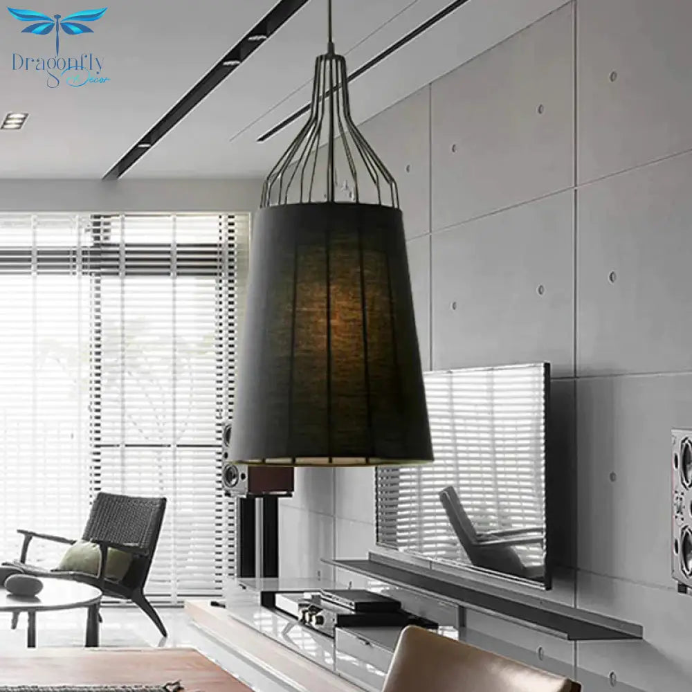 Vintage Tapered Ceiling Chandelier 3 Lights Fabric Suspension Light In Black/Coffee/Beige With Iron