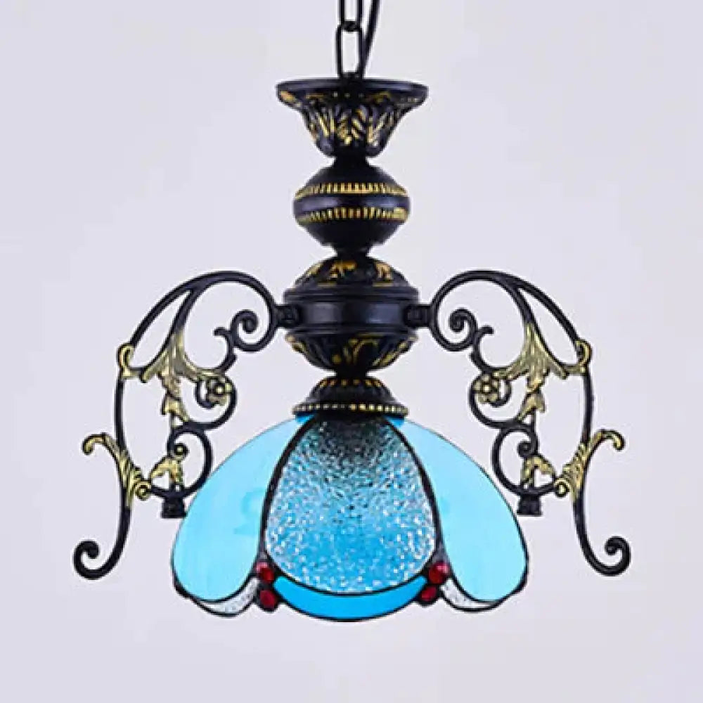 Vintage Tiffany Petal Pendant Lamp Black Finish 1 Light Stained Glass Foyer Hanging In Clear/Blue