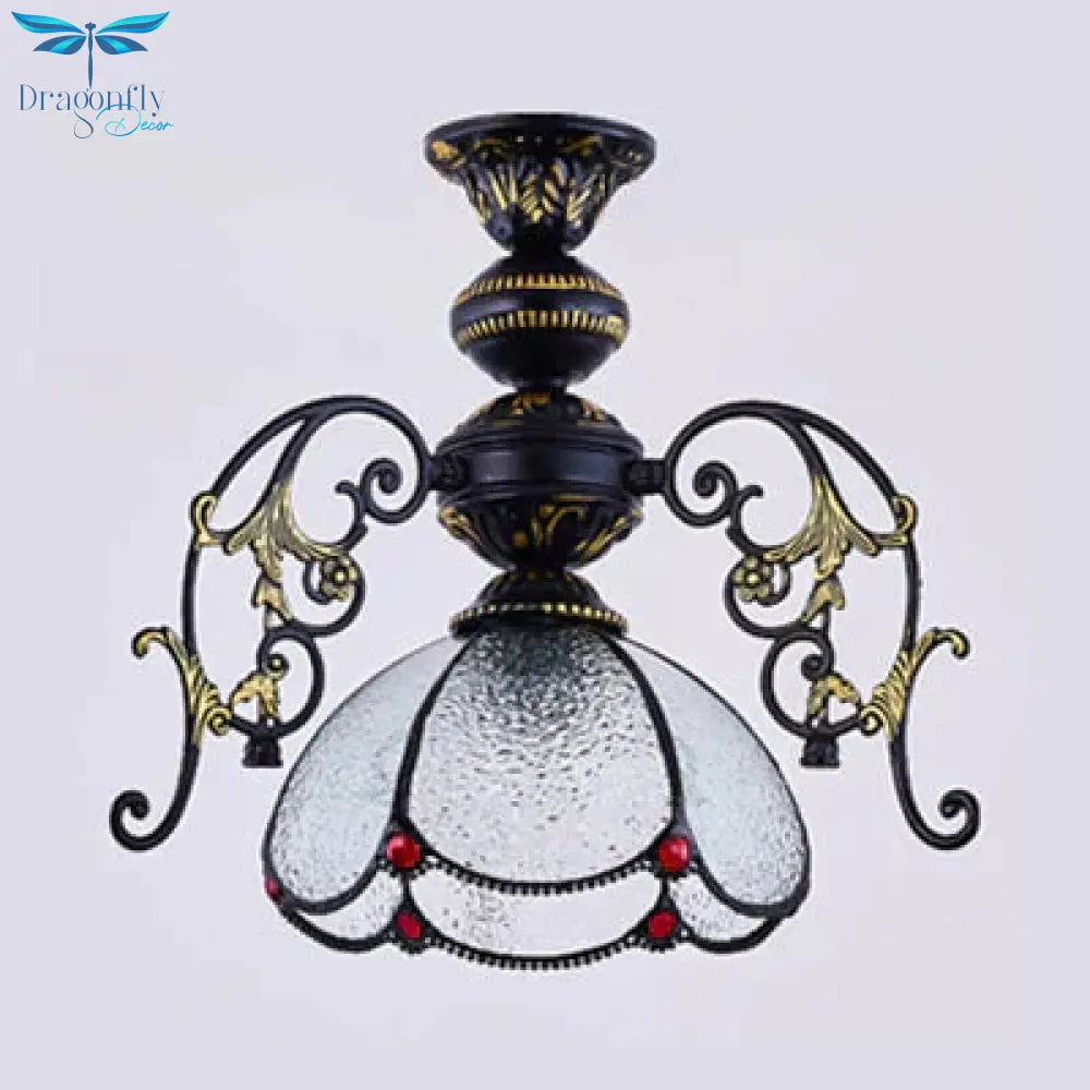 Vintage Tiffany Petal Pendant Lamp Black Finish 1 Light Stained Glass Foyer Hanging In Clear/Blue