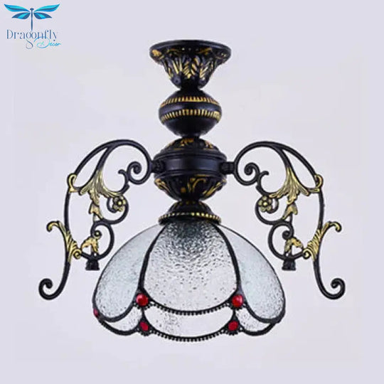 Vintage Tiffany Petal Pendant Lamp Black Finish 1 Light Stained Glass Foyer Hanging In Clear/Blue