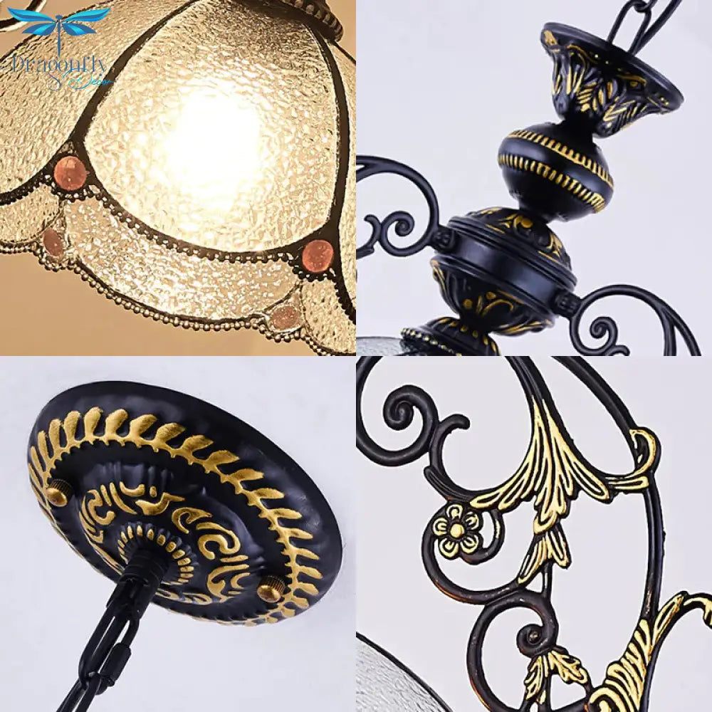 Vintage Tiffany Petal Pendant Lamp Black Finish 1 Light Stained Glass Foyer Hanging In Clear/Blue