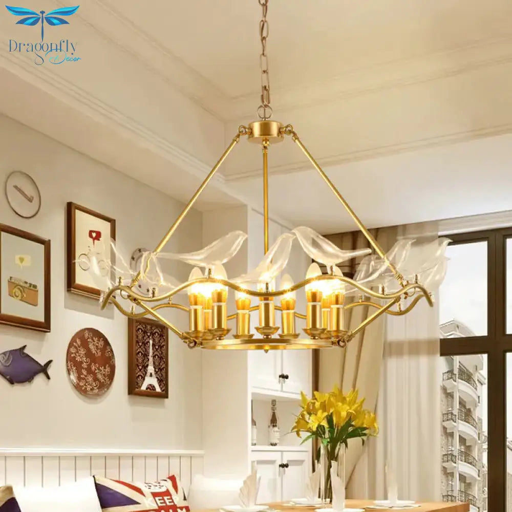 Wavy Ceiling Chandelier With Clear Crystal Bird Shade Mid Century 9 Lights Pendant Lighting In Brass