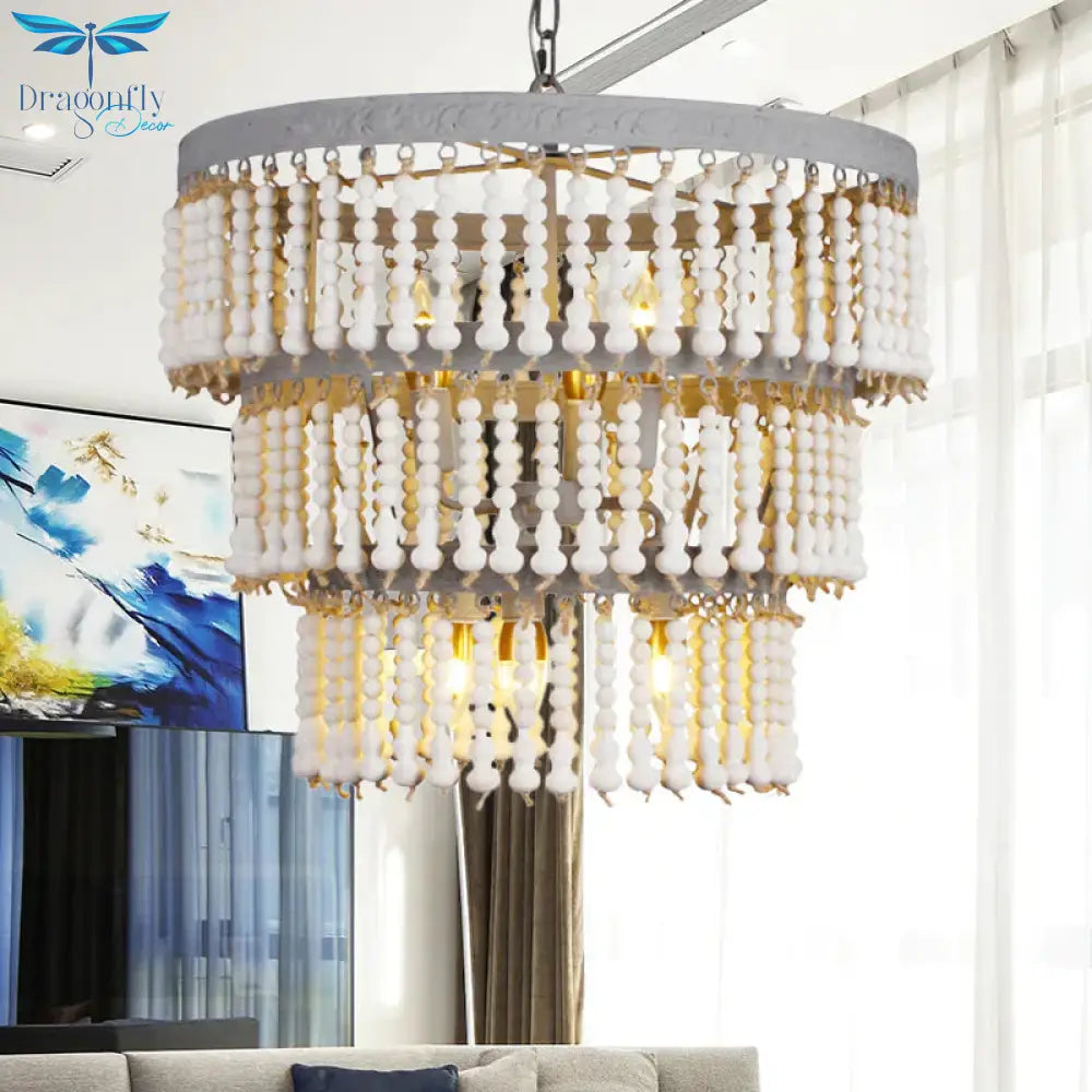 White 3 - Tier Ceiling Chandelier Modernism Wood 6 Heads Hanging Light Fixture With Adjustable Chain