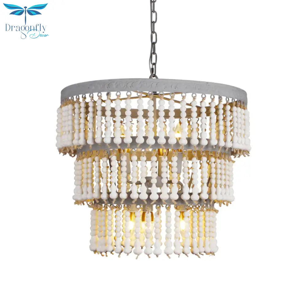 White 3 - Tier Ceiling Chandelier Modernism Wood 6 Heads Hanging Light Fixture With Adjustable Chain