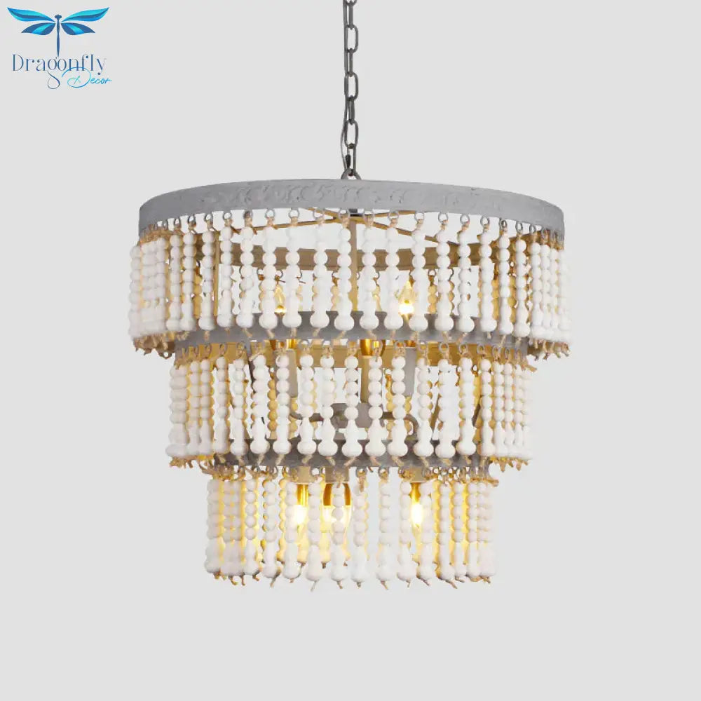 White 3 - Tier Ceiling Chandelier Modernism Wood 6 Heads Hanging Light Fixture With Adjustable Chain