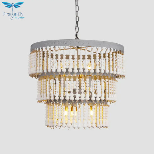 White 3 - Tier Ceiling Chandelier Modernism Wood 6 Heads Hanging Light Fixture With Adjustable Chain