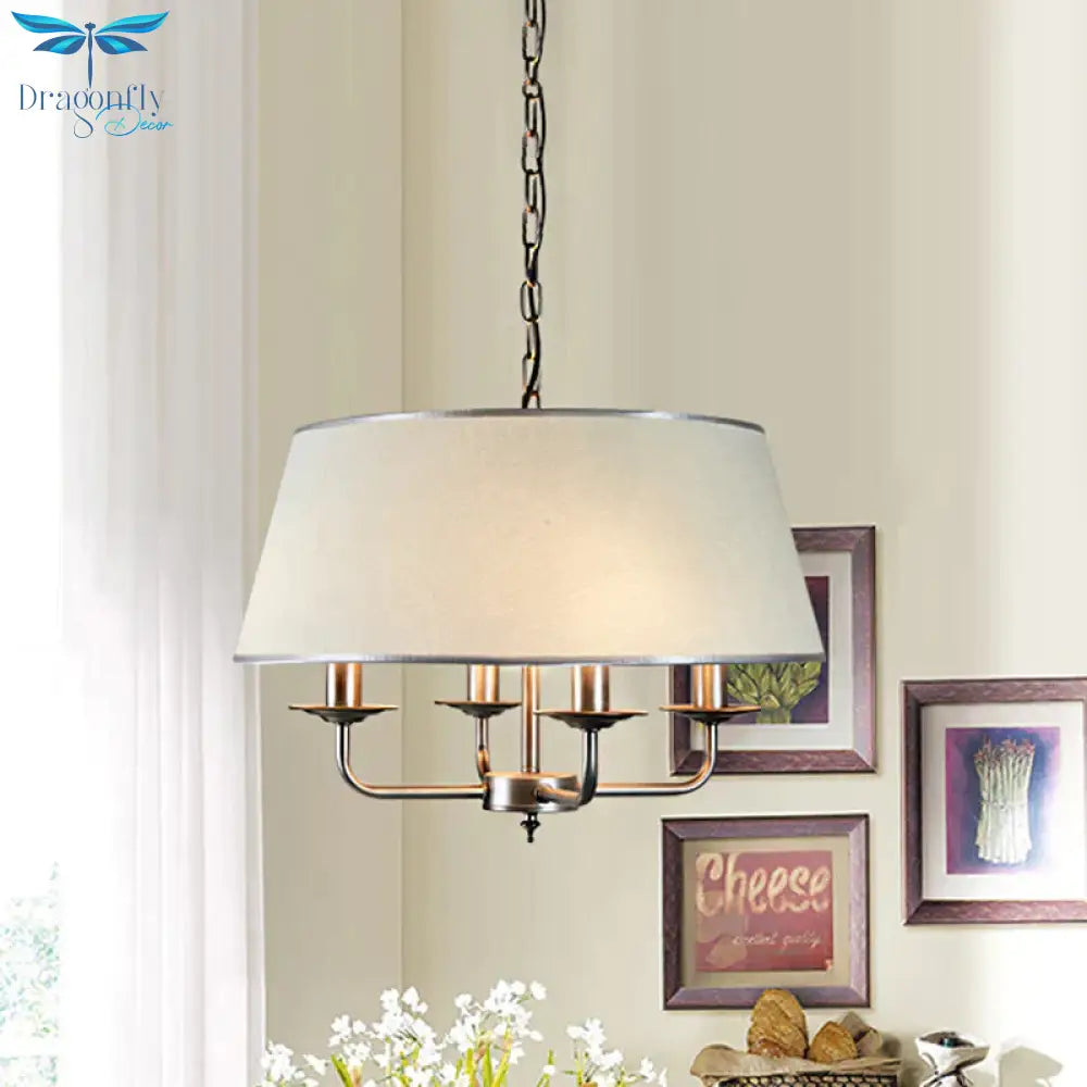White 4 Heads Chandelier Light Fixture Retro Fabric Drum Shade Pendant Lighting With Candelabra