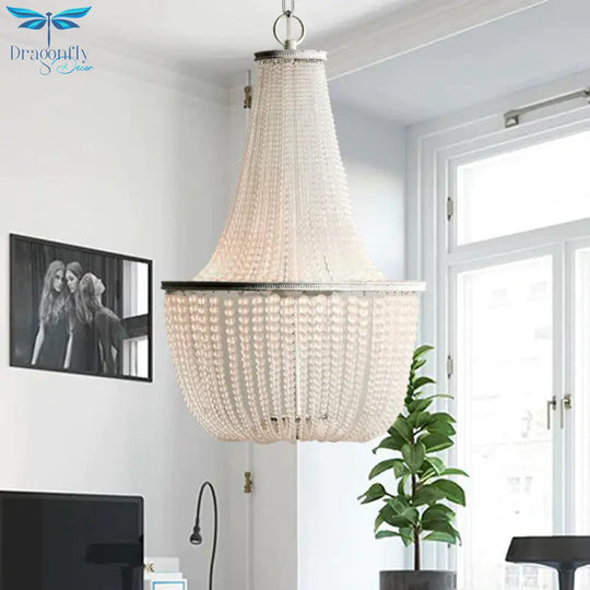 White Beaded Pendant Chandelier Rustic Style Crystal 3 Lights Bedroom Hanging Light Fixture
