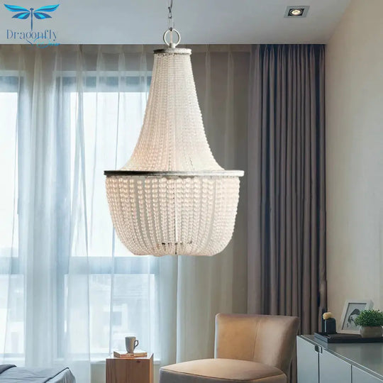 White Beaded Pendant Chandelier Rustic Style Crystal 3 Lights Bedroom Hanging Light Fixture