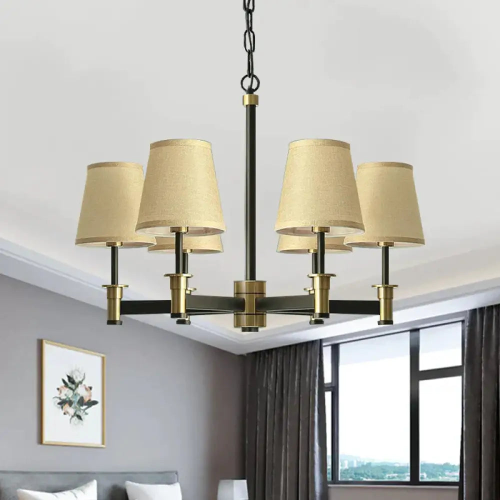 White/Beige 6 Bulbs Ceiling Chandelier Classic Fabric Cone Shade Suspension Pendant For Bedroom
