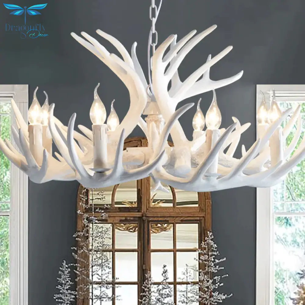 White/Brown 2 - Layered Rustic Resin Antler Chandelier 3/6/8 Lights