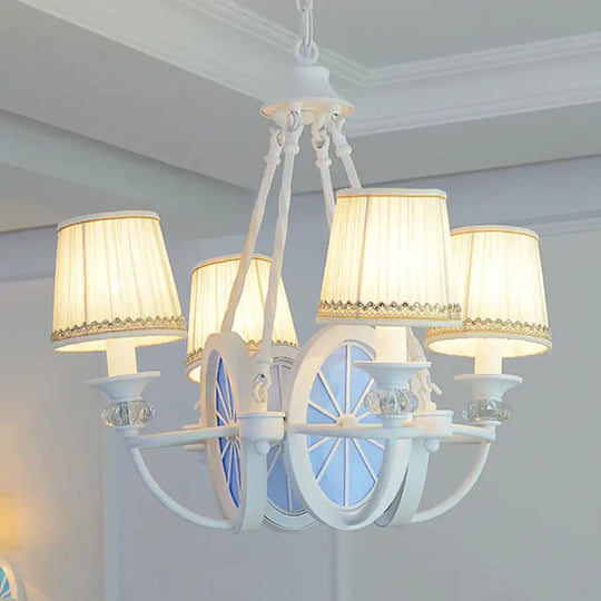 White Bucket Chandelier Lamp Mediterranean 4 Lights Fabric Drop Pendant With Oval Resin Design