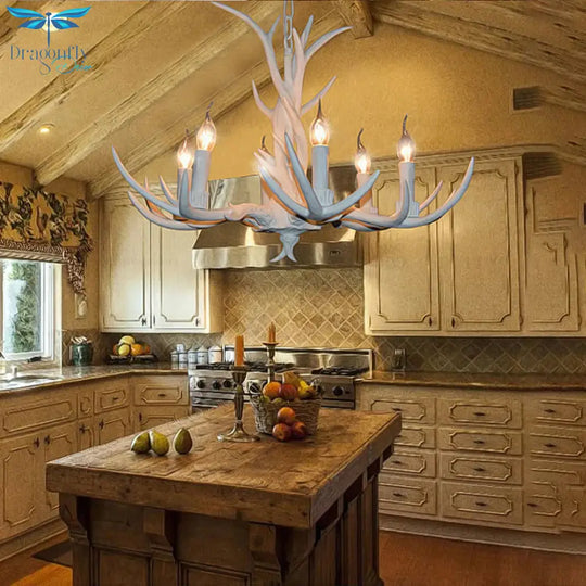 White Candle Chandelier Lighting Rural Resin 3/4/6 Bulbs Ceiling Pendant Lamp For Dining Room With