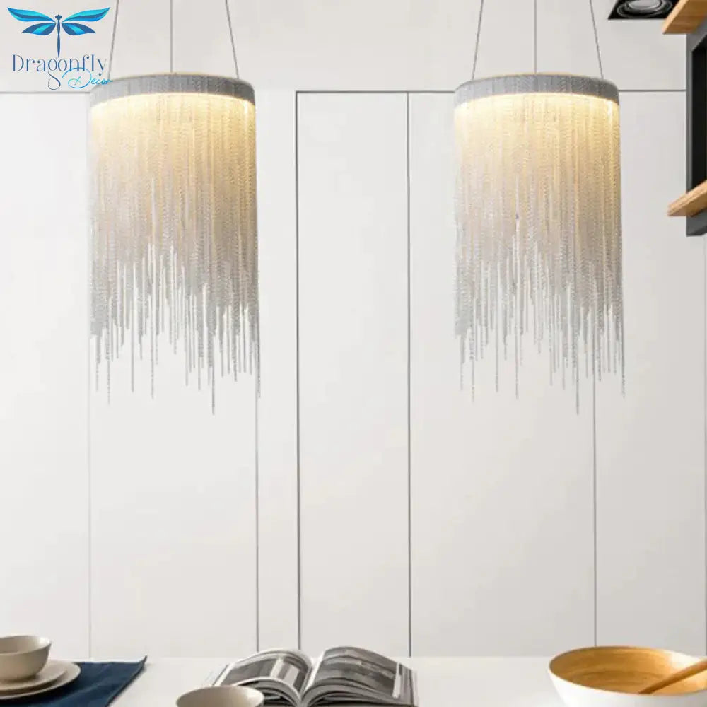 White Chain Chandelier Light Fixture Minimalism Metal 6 Lights Dining Room Pendant Lighting
