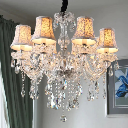 White Floral - Patterned Shade Chandelier Traditional Fabric 8 Heads Dinning Room Pendant With