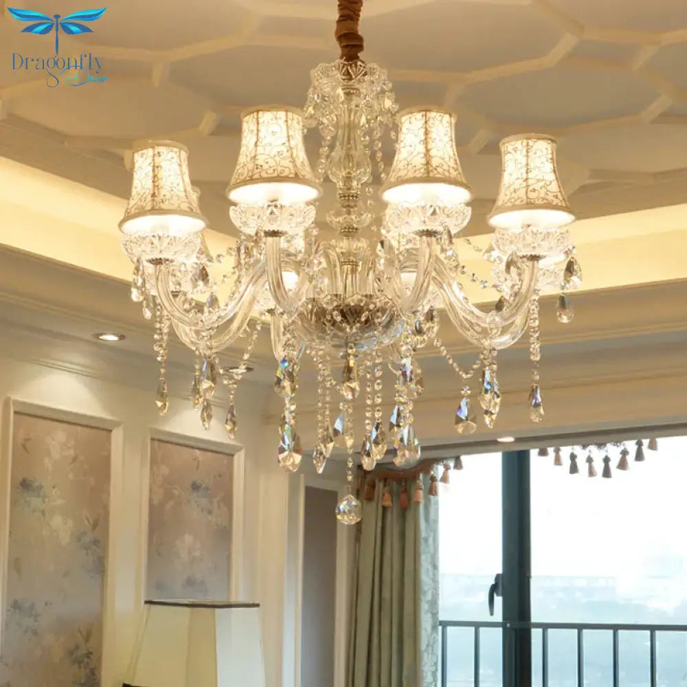 White Floral - Patterned Shade Chandelier Traditional Fabric 8 Heads Dinning Room Pendant With