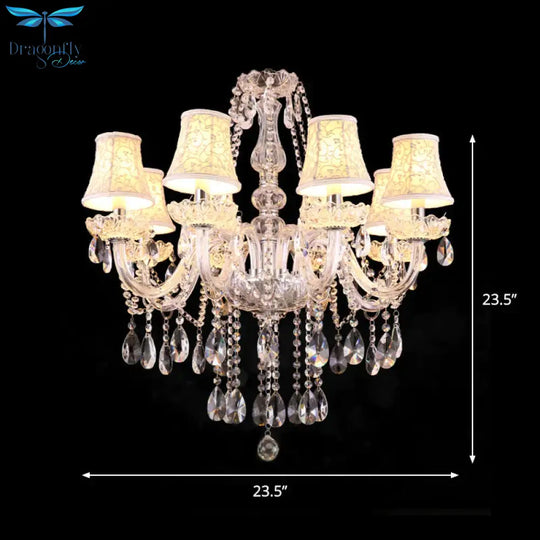 White Floral - Patterned Shade Chandelier Traditional Fabric 8 Heads Dinning Room Pendant With
