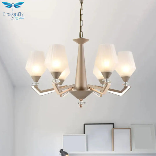 White Frosted Glass Cup Shape Chandelier Traditional 3/6 Bulbs Bedroom Pendulum Light In Gold