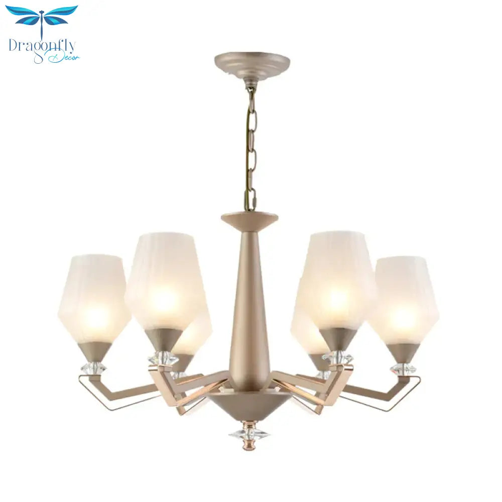 White Frosted Glass Cup Shape Chandelier Traditional 3/6 Bulbs Bedroom Pendulum Light In Gold